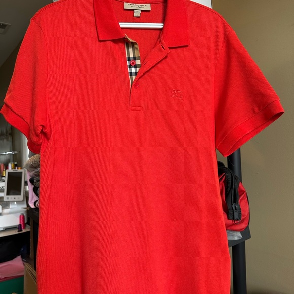 Burberry Vibrant Red/Orange Polo with Iconic Check - Picture 2 of 3